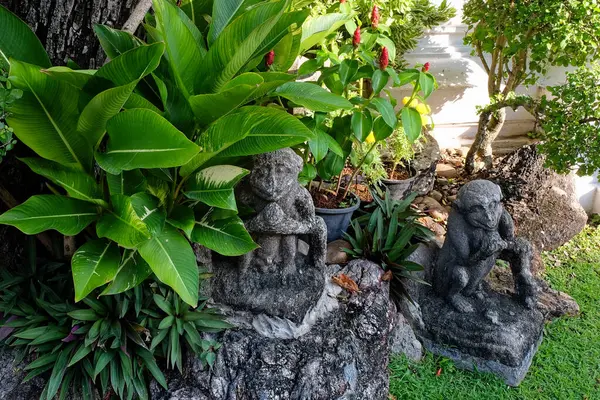 Ogród Kamiennym Posągiem Różnymi Roślinami Posąg Zrobiony Kamienia Wygląda Wywietrzony — Zdjęcie stockowe