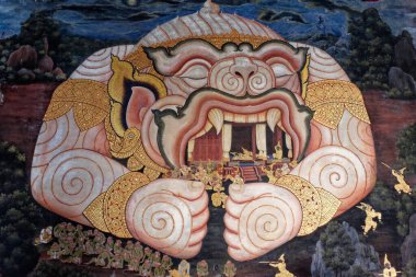 Bangkok, Tayland, 27 Aralık 2018. Bir Bangkok tapınağında, geleneksel bir Tayland duvar resmi Ramayana 'dan efsanevi hikayeler anlatır..