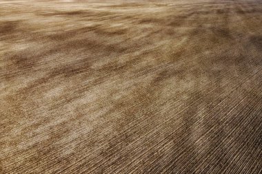 Manzara, siyah toprak zeminine karşı kurulmuş bir tarla tarlasının havadan çekilmiş görüntüsüyle açılır..