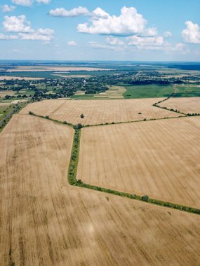 Güzel tarımsal manzara, açık arazi mavi gökyüzü ve beyaz bulutlar. Kuş bakışı tarlalar.