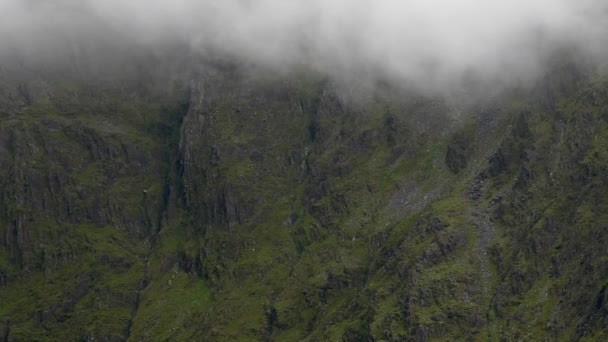 Die Smaragdgrünen Gipfel Des Berges Werden Von Einer Dichten Nebelschicht — Stockvideo