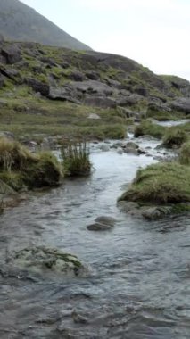 Dağlardan geçen kayalık, kirlenmemiş bir dere bulutlarla süslenmiş bir gökyüzünün altında. Dikey video.