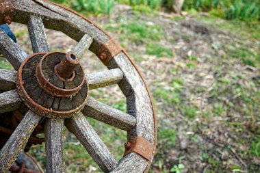 Eski, paslı bir araba tekerleği, eski bir dönemin kalıntısı, çimenli bir tarlada unutulmuş bir şekilde yatıyor. Metal kenarlı ahşap, eski bir takla. Metin için yer.