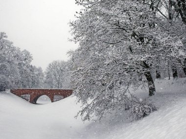 Zamosc şehir parkındaki karla kaplı hendeğin üzerinde küçük bir tuğla köprü. Karla kaplı ağaçlar, kar yağışı. Kış manzarası.
