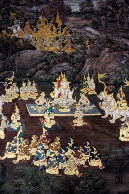 Bangkok, Tayland, 27 Aralık 2018. Bangkok 'taki bir tapınağın duvarları Ramayana' daki efsanevi olayları anlatan geleneksel bir Tayland duvar resmiyle süslenmiştir..