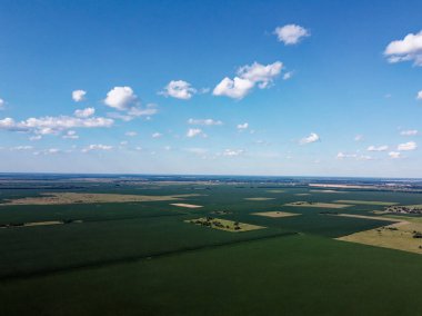 Güzel tarımsal manzara, açık arazi mavi gökyüzü ve beyaz bulutlar. Kuş bakışı tarlalar.