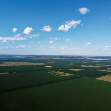 Güzel tarımsal manzara, açık arazi mavi gökyüzü ve beyaz bulutlar. Kuş bakışı tarlalar.