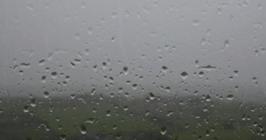 Uzakta ağaçların olduğu pencereye yakın bir yağmur damlası görüntüsü..