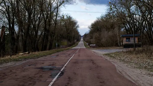 A long, straight road with trees on either side under a blue, cloudy sky. Long straight road to the Chernobyl radioactive exclusion zone.