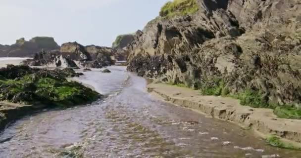 Strömma Flyter Genom Ett Stenigt Landskap Med Fläckar Gräs Ljus — Stockvideo