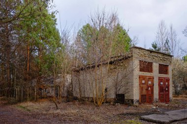 Görüntü, bulutlu bir gökyüzünün altında çıplak ağaçlar ve aşırı gelişmiş bitki örtüsüyle çevrili kırmızı kapılı terk edilmiş tuğla bir binayı gösteriyor..