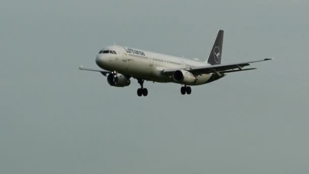 2023年10月8日 爱尔兰都柏林 视频显示一架白色汉莎航空公司的飞机在机场着陆 放大一点 — 图库视频影像