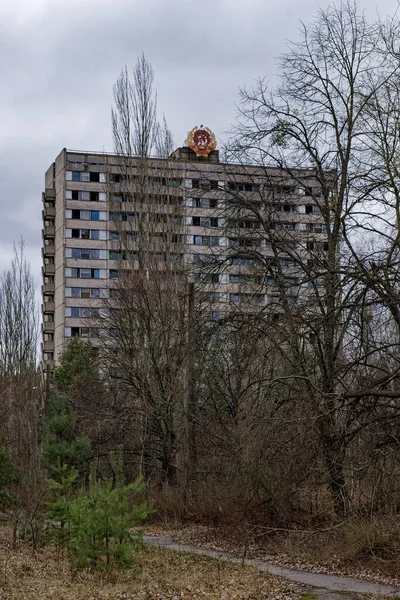 Yıpranmış yüksek bir bina yapraksız ağaçlar ve çalıların arasından görülebilir..