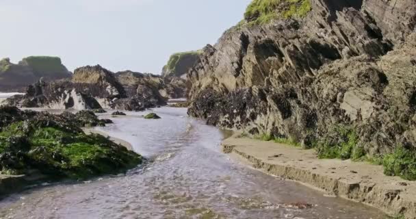 Terreno Rocoso Con Agua Corriente Parches Hierba Día Soleado — Vídeos de Stock