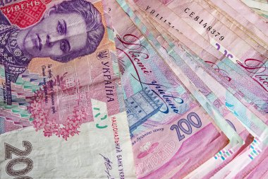 Ukrayna parası, çeşitli mezhepler ve farklı renkler içeren bir yığın Hryvnia banknotunun yakın plan fotoğrafı ile tüm zenginliğiyle resmedilir..