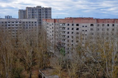 Apartman blokları çıplak ağaçlardan oluşan bir zemin ve bulutlu bir gökyüzü karşısında durmaktadır..
