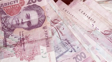 Ukrayna Hryvnia banknotlarının rengarenk ve çeşitli banknotları bu yakın plan çekimde zarifçe sergilenmektedir, özellikle 200 hryvnias banknotuna odaklanılmıştır..