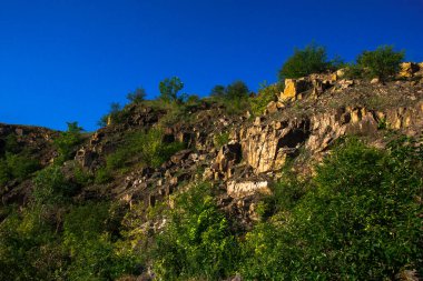 Açık mavi gökyüzünün altında yeşil çalılarla kaplı kayalık bir yamaç..