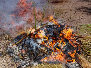 Yanmış odundan turuncu alevler ve duman çıkıyor..