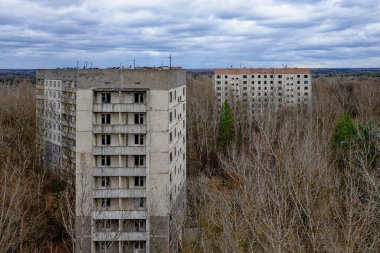 İki terk edilmiş bina bulutlu bir gökyüzünün altında ağaçlarla çevrili..