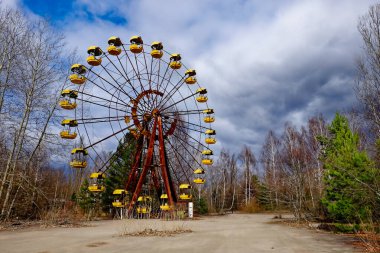 Terk edilmiş bir dönme dolabın sarı kulübeleri, bitkilerin arasında..