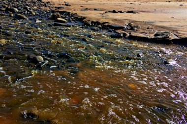 Kayalık bir yüzeyde su taşların arasında akar, ışığı yansıtır ve dinamik bir sahne yaratır..