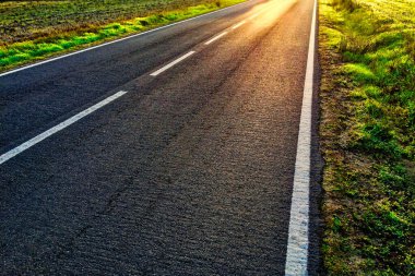Beyaz çizgilerle çevrili açık bir yol, güneşli otlaklarla çevrili..
