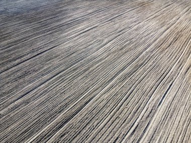 Tarlaya sürülmüş, hava manzaralı. Tarım arazisi. Arkaplan.