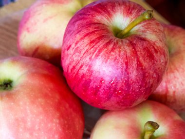 Besleyici Kırmızı Meyve. Elmaların yakın çekimleri, besleyici değerlerini gösteriyor..