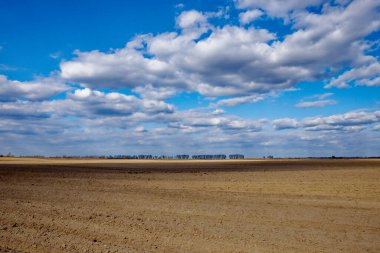 Parçalı bulutlu bir gökyüzünün altında ufka uzanan bir toprak parçası..