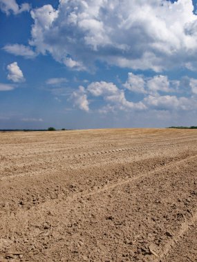 Tarlaya sürülmüş tarlalar ekilmeye hazır, gökyüzü yukarıda.