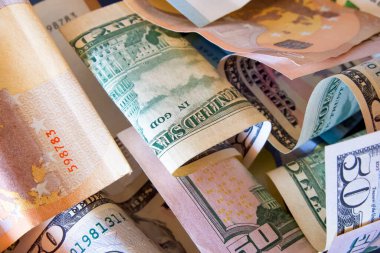 Karışık Para. Avro ve Dolar banknotları, çeşitli değerler görünür.