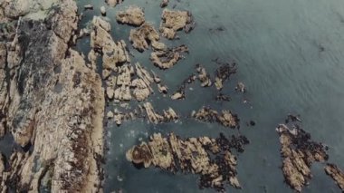 Sahne, sakin bir su kütlesiyle kayalık bir kıyı şeridini tasvir ediyor. Çeşitli büyüklükteki kayalar, geniş kayalardan küçük taşlara kadar tüm araziye saçılmıştır..