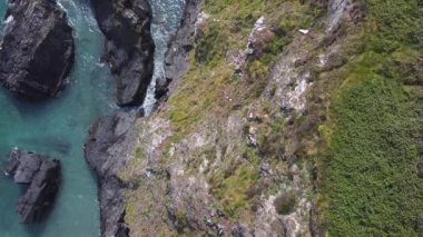 Video, kayalık bir sahil şeridinin kuş bakışı perspektifini gösteriyor. Koyu gri kayalar turkuaz suyla buluşur, orada beyazlar görülebilir..