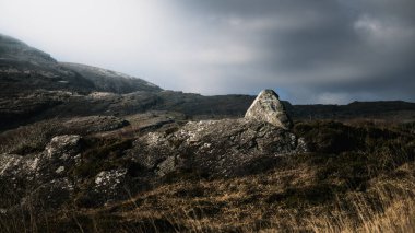 Büyük, gri bir kaya, kısa, kahverengi çimlerle kaplı bir tepenin üzerinde oturur. Gökyüzü kara bulutlarla kaplıdır..