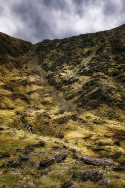 Eğimli yamaç zengin, desenli bitki örtüsü ve dağınık kayalarla kaplı, dramatik bulutlu gökyüzü uzak bir dağlık bölgedeki manzaraya derinlik katıyor..