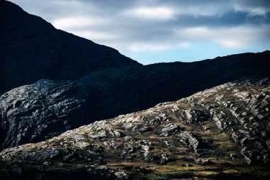 Hafif bulutlu bir gökyüzünün altında eşsiz kaya oluşumlarını gösteren engebeli dağ yamaçlarının nefes kesici manzarası. Manzara dokunulmamış doğanın özünü yakalar..