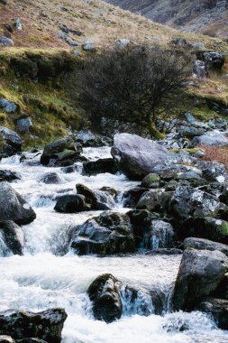 Nehir yatağındaki sayısız kayaların üzerinde çağlayan sular. Çevrede alçak bitki örtüsü ve uzak yuvarlanan tepeler bulunur. Tek bir ağaç görünüyor..