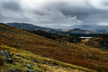 Geniş bir manzara engebeli tepeleri ve uzak dağları kara bulutlarla kaplıyor. Manzaranın toprak tonları çimen ve kayalık çıkıntılarla vurgulanır..