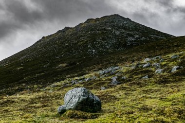 Büyük gri bir kaya parçası kısa ve çimenli bir arazide bulunur. Bulutlu bir gökyüzünün altında yeşil kaplı uzak bir dağ yükseliyor. Huzurlu ve doğal bir sahne..