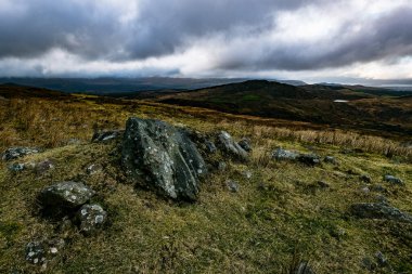Yuvarlanan tepeleri gösteren yüksek görüş açısı. Ön planda seyrek çimenler ve sayısız kayalar var. Gökyüzü ağır bulutlu..