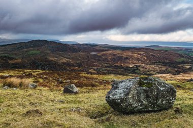 Yuvarlak tepeli manzara, yeşil ve kahverengi bitki örtüleri, bulutlu gökyüzü.