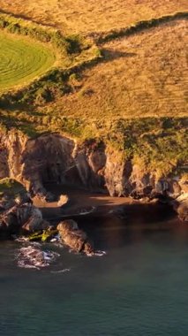 Yüksek açılı çekim, kayalık bir kıyı şeridini gösteriyor. Uçurumlar arasında küçük, tenha bir sahil var. Yukarıdaki topraklar altın-kahverengi otlar..
