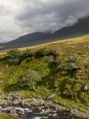 Gaddagh Nehri, İrlanda 'nın yemyeşil kırsalında bulutlu gökyüzünün altında yuvarlanan tepeler ve dramatik dağlarla nazikçe akar ve sakin bir atmosfer yaratır..