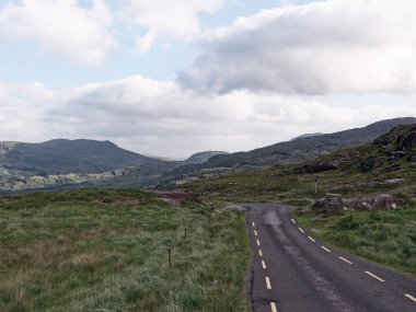 Bereketli yeşillikler ve bulutlu bir gökyüzünün altındaki uzak tepelerle çevrili İrlanda 'daki BlackValley manzaralı dolambaçlı bir yola çıkıyor. Huzurlu manzara keşfi ve macerayı davet eder..