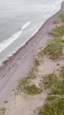 Kıyı şeridi boyunca bulutlu bir günde hafif dalgalarla sakin bir sahil manzarası..
