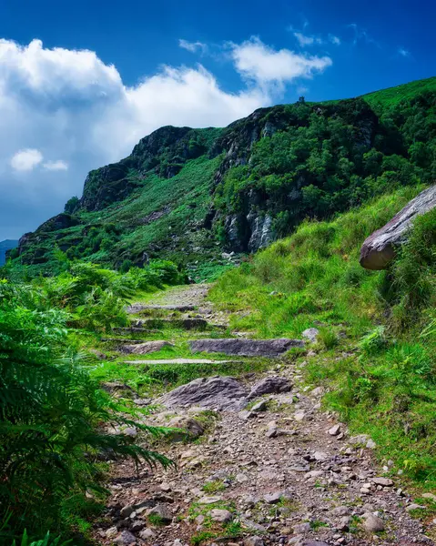 Gündüz vakti İrlanda 'nın Kerry ilçesinde Strickeen Dağı' na çıkan taşlı patika..