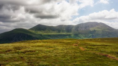 Görkemli dağlarla çevrili yemyeşil bir vadi. Resimli bir sahne..