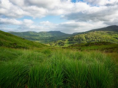 Yeşil yemyeşil çimenler ön planda, yeşil tepeler ve arka planda dağlarla doludur. Mavi gökyüzü parçaları, Dunloe 'nin manzaralı boşluğunun üzerindeki beyaz bulutlar arasında görülebilir..