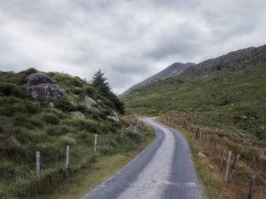 Dunloe Geçidi 'nin yemyeşil tepelerinden geçen gri asfalt bir yol. Yol boyunca dağılmış yeşil çimenli tepeler ve gökyüzü bulutlu..